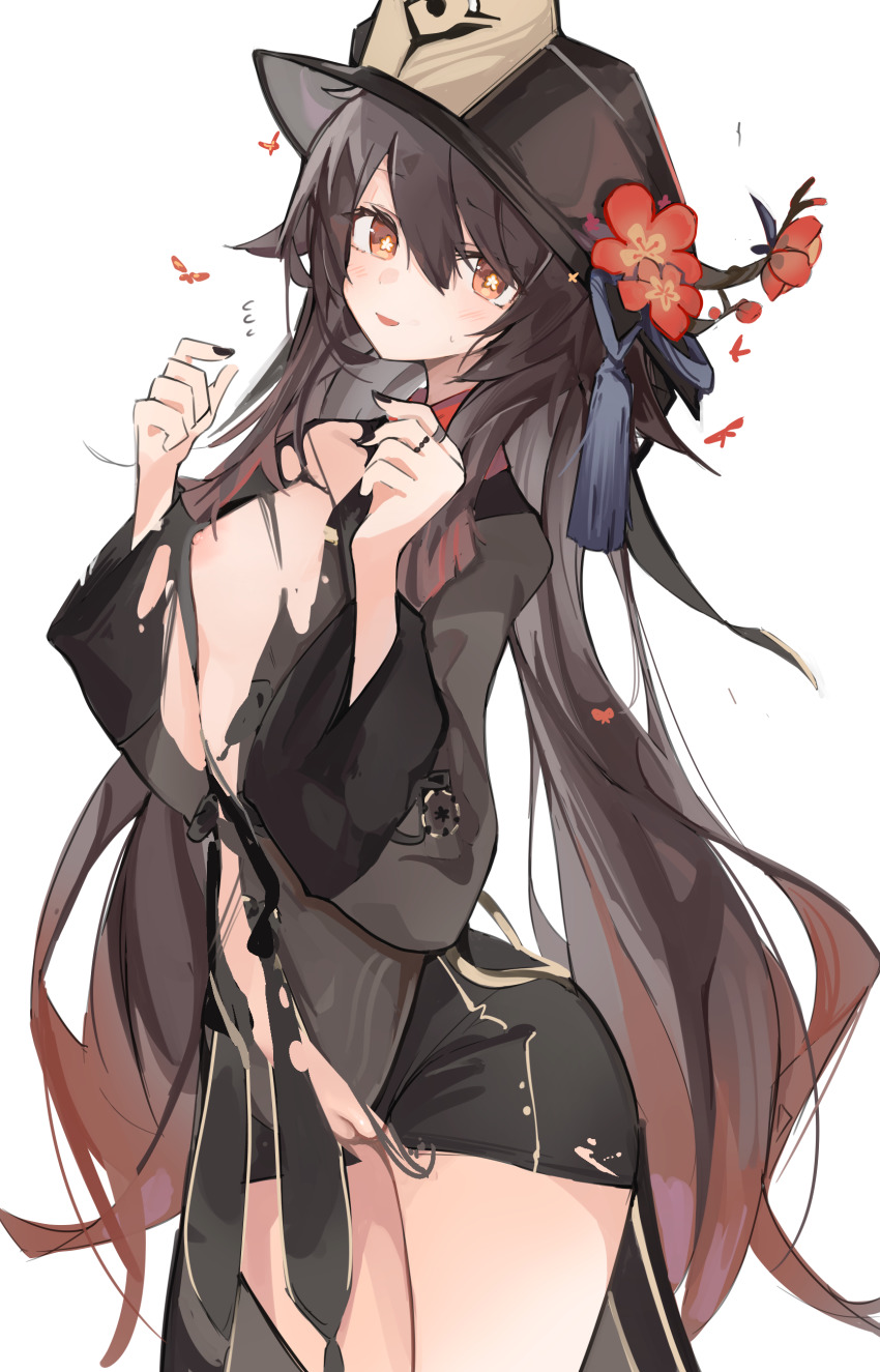 1girl absurdres black_hat black_jacket black_nails black_shorts blush breasts brown_hair chinese_clothes coattails commentary cowboy_shot embarrassed flower flower-shaped_pupils genshin_impact hair_between_eyes hat hat_flower highres hu_tao_(genshin_impact) jacket jewelry long_hair looking_at_viewer mikozin multicolored_hair multiple_rings nail_polish nipples no_panties open_mouth orange_eyes plum_blossoms porkpie_hat pussy red_hair red_shirt ring shirt short_shorts shorts simple_background small_breasts solo standing sweat sweatdrop symbol-shaped_pupils tangzhuang tassel thighs torn_clothes twintails two-tone_hair uncensored very_long_hair white_background