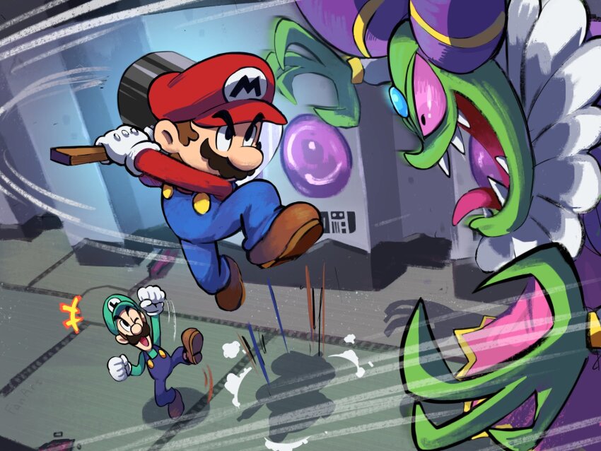 1girl 2boys blue_overalls boots brothers brown_footwear brown_hair cackletta facial_hair gloves green_hat green_shirt hat highres looking_at_another luigi mario mario_&amp;_luigi:_superstar_saga mario_&amp;_luigi_rpg mario_(series) masanori_sato_(style) multiple_boys mustache nintendo one_eye_closed open_mouth overalls purple_eyes red_hat red_shirt sharp_teeth shirt short_hair siblings teeth white_gloves ya_mari_6363