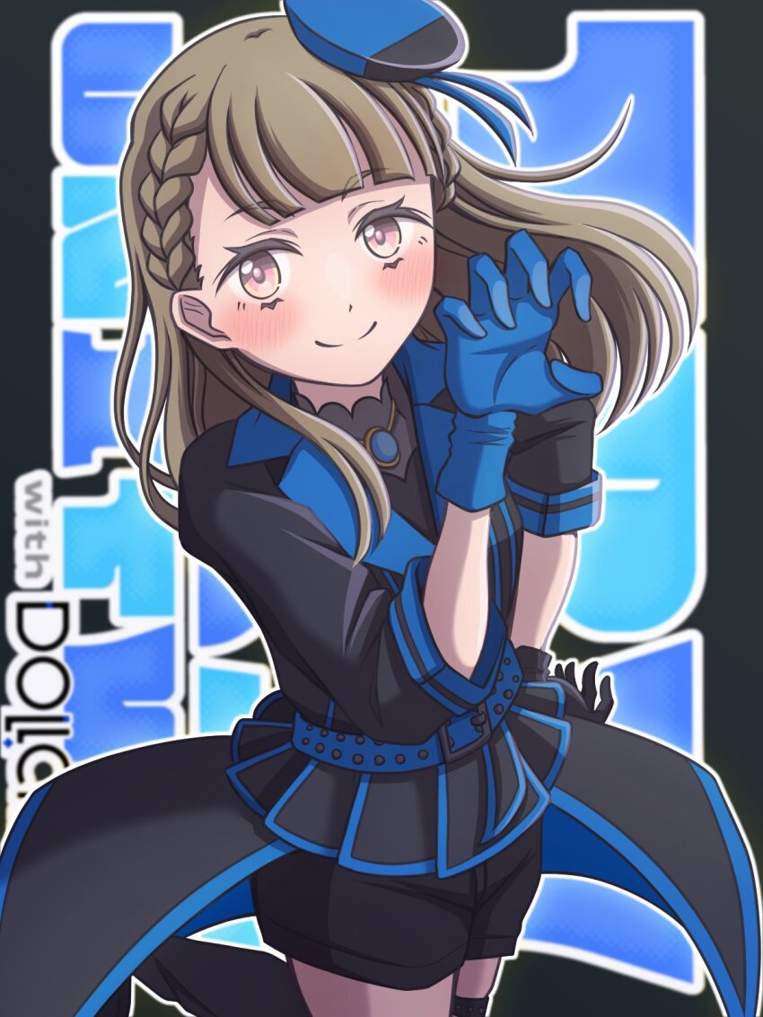 1girl 3rd_live_tour_try_tri_unity!!! awoke_(love_live!) black_gloves black_hat black_jacket black_shirt black_shorts black_skirt blue_gloves blue_hat blush braid brown_hair center-flap_bangs claw_pose closed_mouth commentary_request cowboy_shot ganbarai gloves hand_on_own_hip hat highres jacket kachimachi_kosuzu link!_like!_love_live! long_hair love_live! mini_hat multicolored_clothes multicolored_jacket official_alternate_costume pink_eyes shirt shorts showgirl_skirt side_ahoge side_braids skirt sleeves_past_elbows smile solo split_mouth straight_hair tilted_hat two-tone_hat two-tone_jacket virtual_youtuber