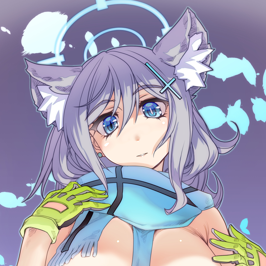 1girl animal_ear_fluff animal_ears blue_archive blue_eyes blue_halo blue_scarf breasts bright_pupils cross_hair_ornament gloves green_gloves hair_ornament halo highres hisahiko large_breasts looking_at_viewer mismatched_pupils scarf shiroko_(blue_archive) short_hair solo upper_body white_pupils