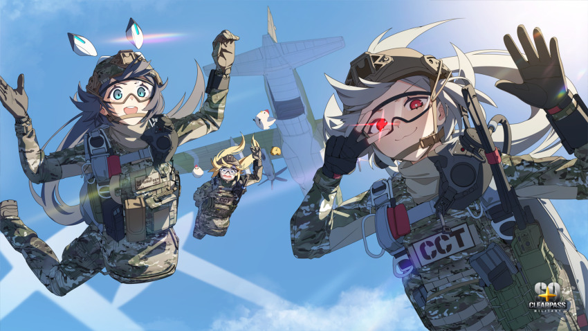 3girls absurdres aircraft airplane behalter bird black_gloves blonde_hair commentary_request day djmax djmax_respect flying full_body gloves green_eyes grey_hair hat highres long_sleeves looking_at_viewer military military_hat military_uniform multiple_girls open_mouth outdoors red_eyes scared sky smile teeth upper_teeth_only v v_over_eye