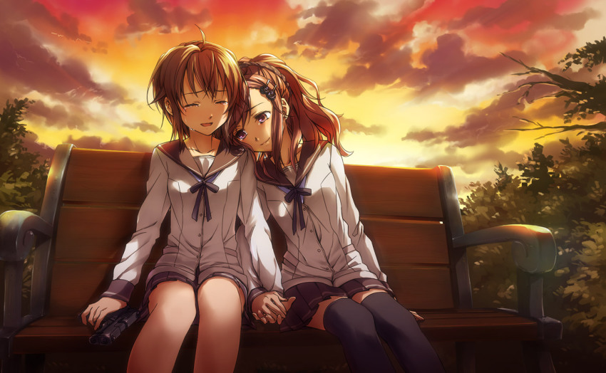 2girls ahoge aizawa_makoto bench brown_hair collarbone gun hair_ornament hairpin hajiro_mina holding_hands long_hair multiple_girls negai_no_kakera_to_hakugin_no_agreement open_mouth ponytail purple_eyes ribbon school_uniform short_hair sitting skirt smile tears thighhighs tsuta_no_ha weapon yuri