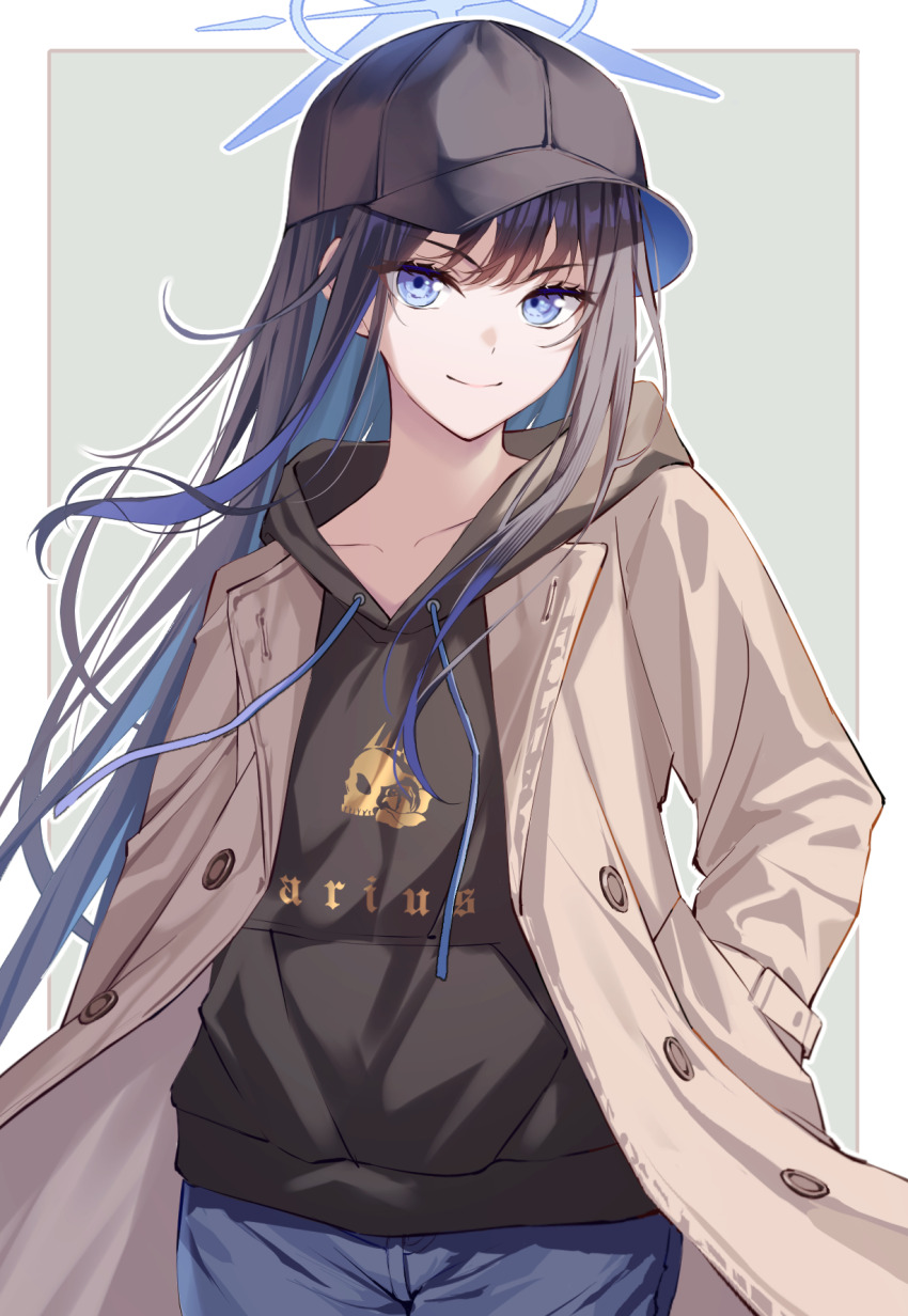 1girl alternate_costume baseball_cap black_hair black_hat black_hoodie blue_archive blue_hair blue_halo blue_pants border brown_coat closed_mouth coat colored_inner_hair commentary_request cuckoo_ki grey_background halo hands_in_pockets hat highres hood hood_down hoodie long_hair looking_at_viewer multicolored_hair pants revision saori_(blue_archive) smile solo white_border