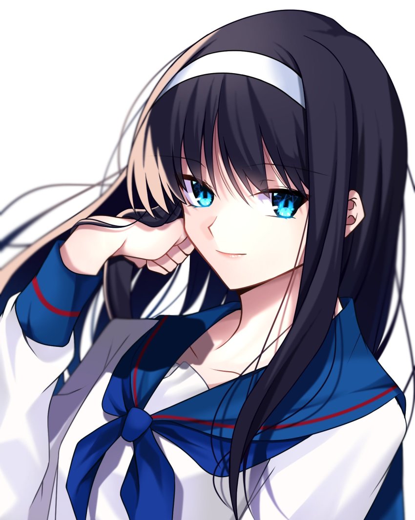 1girl black_hair blue_eyes collarbone exa_(koyuru) hairband hand_in_own_hair highres long_hair looking_at_viewer sailor_collar school_uniform serafuku simple_background smile solo tohno_akiha tsukihime white_background white_hairband