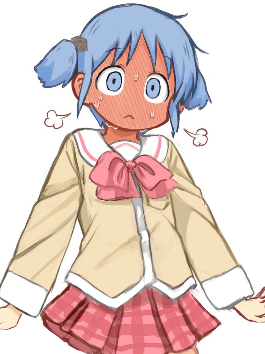 1girl :&lt; a-pose blue_eyes blue_hair blush bow bowtie closed_mouth commentary cowboy_shot cube_hair_ornament ear_blush embarrassed flustered full-face_blush hair_ornament highres looking_at_viewer naganohara_mio naganoharamiomio neck_blush nervous nervous_sweating nichijou pink_bow pink_bowtie pink_skirt pink_trim plaid_clothes plaid_skirt pleated_skirt puff_of_air raised_eyebrows sailor_collar school_uniform serafuku shirt short_hair short_twintails sidelocks simple_background skirt solo standing surprised sweat tokisadame_school_uniform twintails white_background white_sailor_collar white_trim wide-eyed yellow_shirt