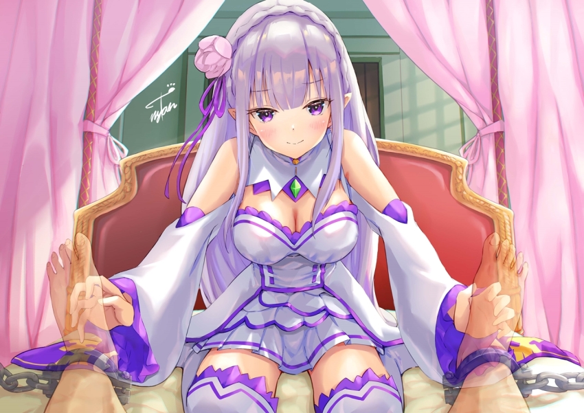 1girl bdsm blush bondage bound breasts chain cleavage dress emilia_(re:zero) femdom flower hair_flower hair_ornament hair_ribbon large_breasts pointy_ears pov re:zero_kara_hajimeru_isekai_seikatsu ribbon signature smile solo tarunyan thighhighs thighs tickling tickling_feet white_dress zettai_ryouiki