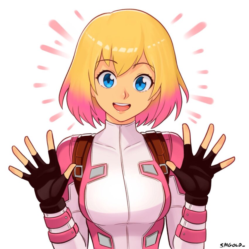 1girl animification blonde_hair blue_eyes bodysuit gradient_hair gwenpool highres leotard looking_at_viewer marvel multicolored_hair open_mouth pink_hair pink_leotard short_hair smgold smile solo superhero_costume two-tone_hair