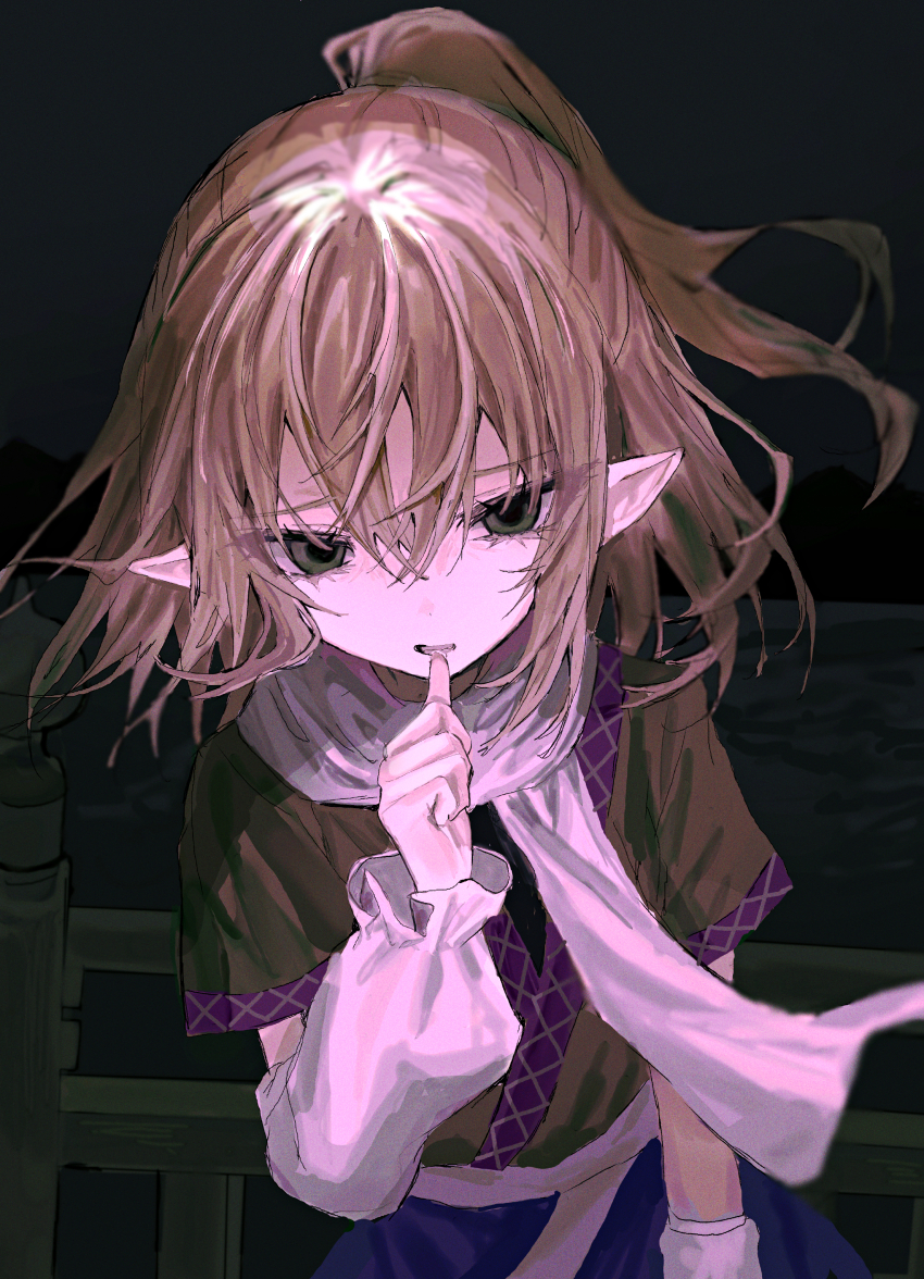 1girl absurdres arm_warmers biting_own_finger blonde_hair bridge brown_shirt commentary crossed_bangs eyelashes eyes_visible_through_hair floating_hair green_eyes hair_between_eyes hand_up hayu_(hayu0305) highres looking_at_viewer medium_hair mizuhashi_parsee night open_mouth outdoors pointy_ears ponytail scarf shirt short_sleeves solo touhou tsurime white_scarf