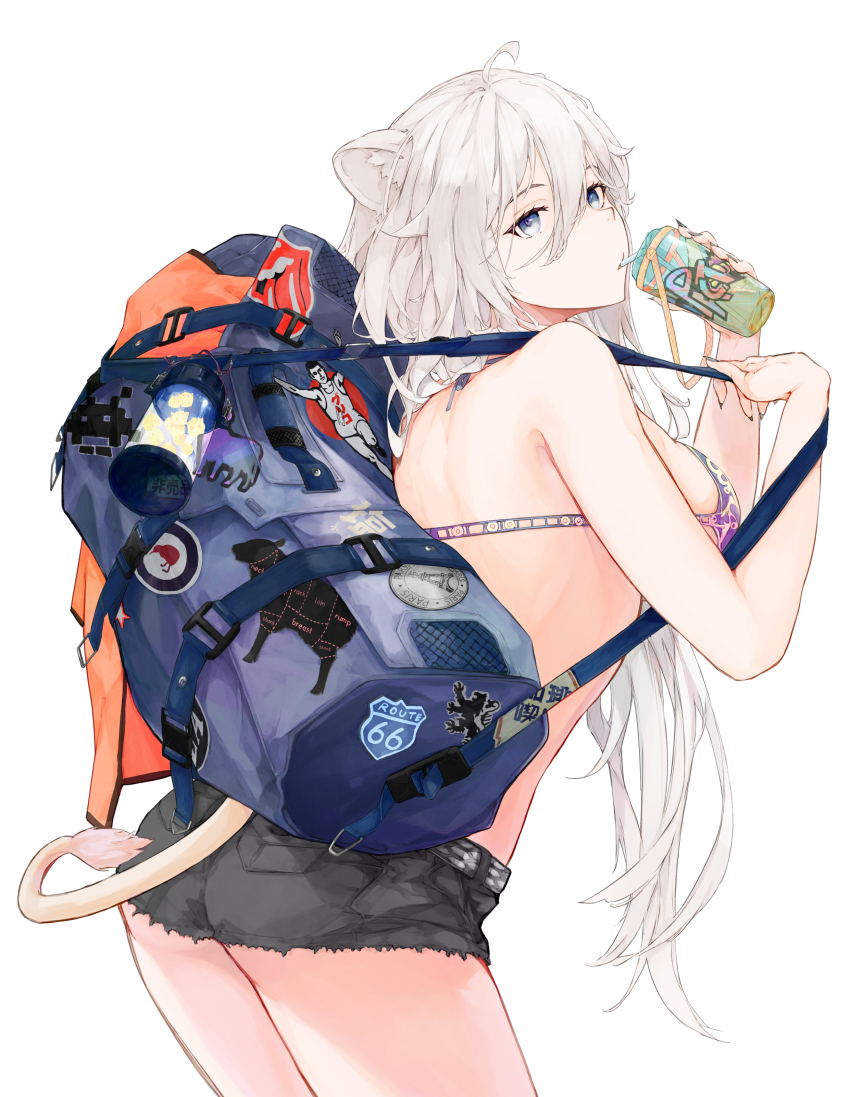 1girl absurdres ahoge alternate_costume animal_ears bikini bikini_top_only black_shorts blue_bag can commentary_request cowboy_shot drinking grey_hair haimura hair_between_eyes hands_up highres holding holding_can hololive long_hair looking_ahead looking_back profile purple_bikini shishiro_botan short_shorts shorts simple_background solo swimsuit tail virtual_youtuber white_background