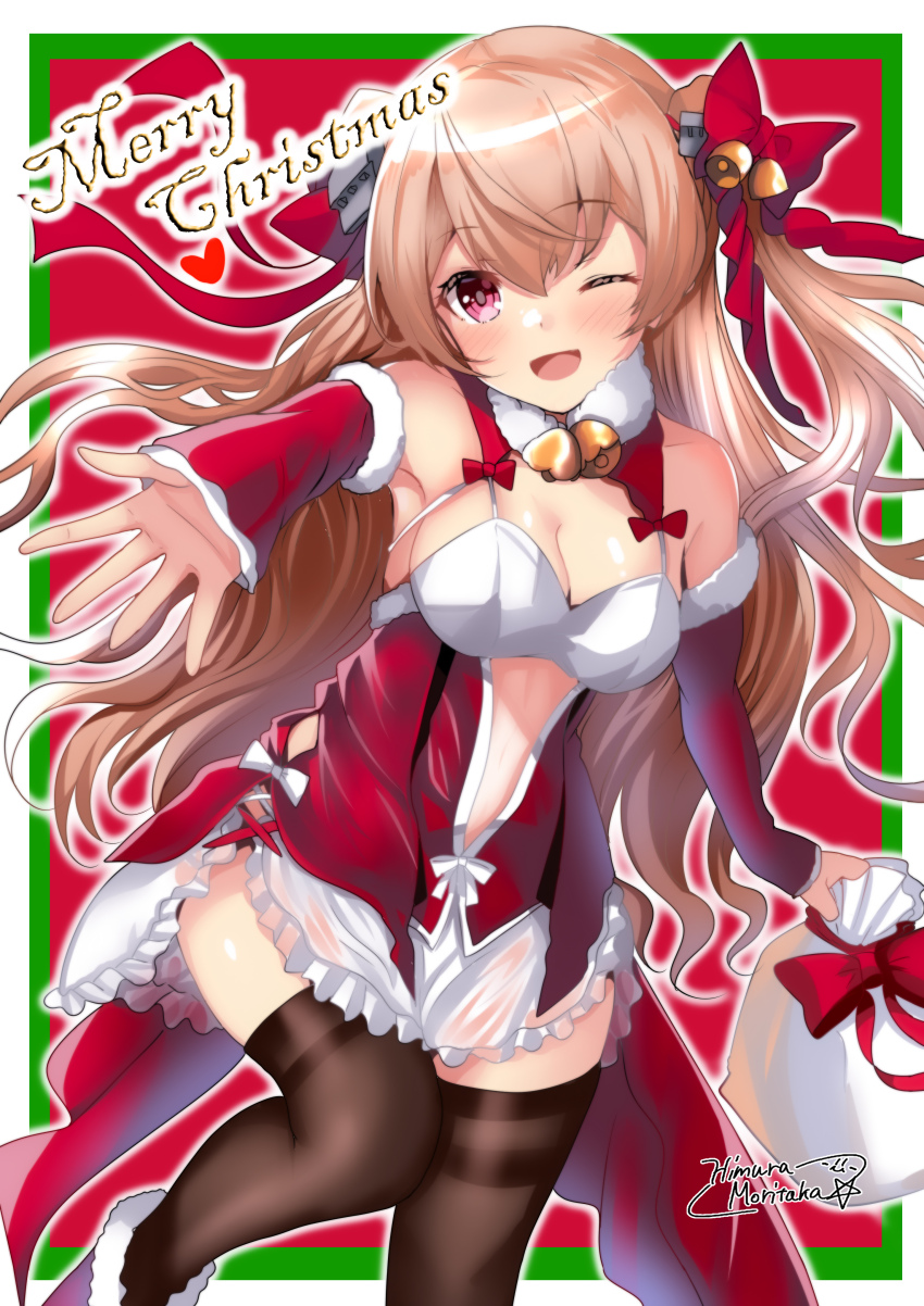 1girl absurdres apron arm_warmers black_thighhighs breasts bridal_gauntlets brown_eyes brown_hair corset feet_out_of_frame fur-trimmed_arm_warmers fur_trim highres himura_moritaka johnston_(christmas_mode)_(kancolle) johnston_(kancolle) kantai_collection long_hair looking_at_viewer medium_breasts merry_christmas official_alternate_costume one_eye_closed pantyhose red_bodice red_bridal_gauntlets red_corset red_ribbon red_sleeves ribbon solo thighband_pantyhose thighhighs two_side_up white_apron