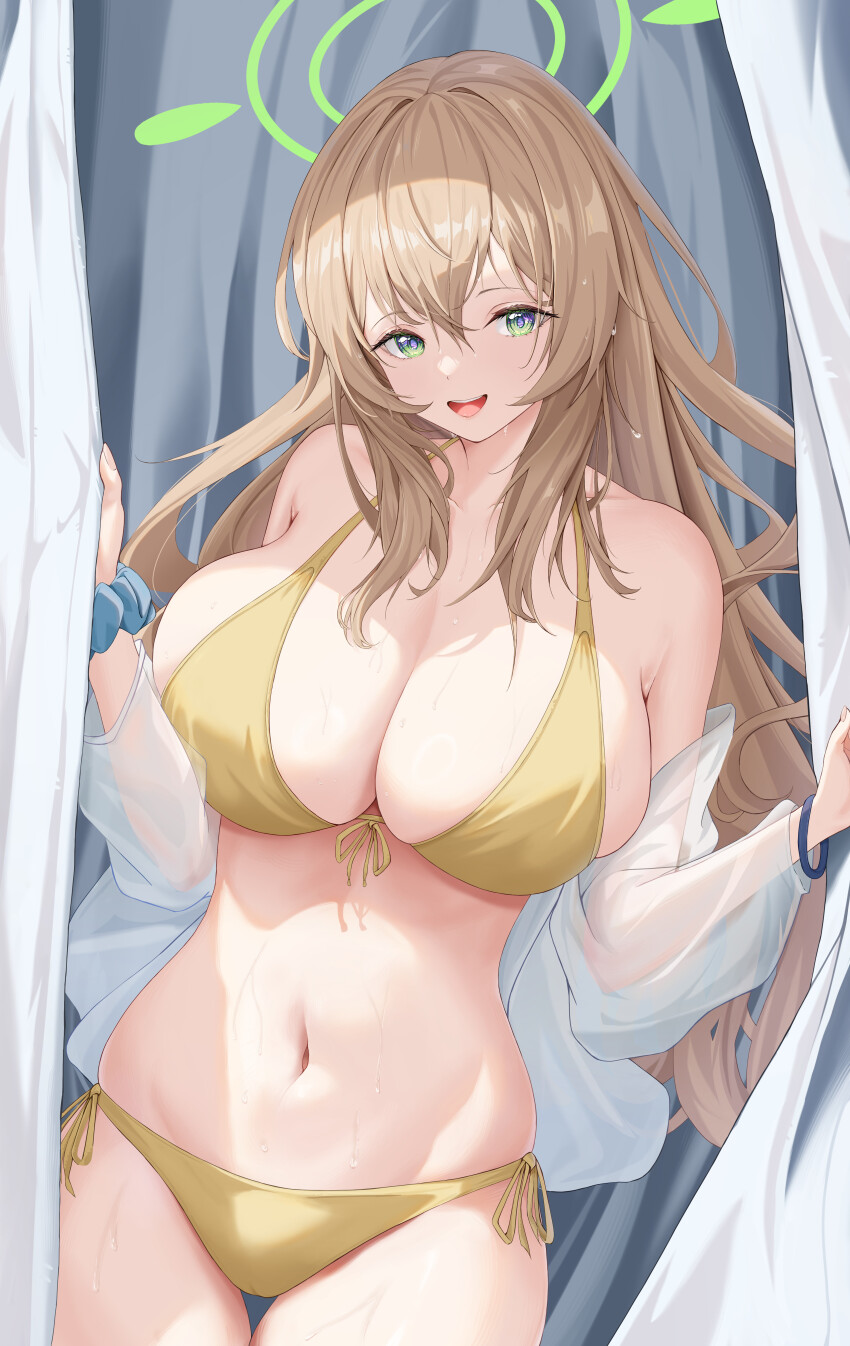 1girl :d about_fg absurdres bikini blonde_hair blue_archive breasts curtain_grab curtains from_front green_eyes green_halo halo highres large_breasts long_hair navel nonomi_(blue_archive) nonomi_(swimsuit)_(blue_archive) off_shoulder open_mouth scrunchie shirt smile solo stomach swimsuit very_long_hair wet white_shirt wrist_scrunchie yellow_bikini