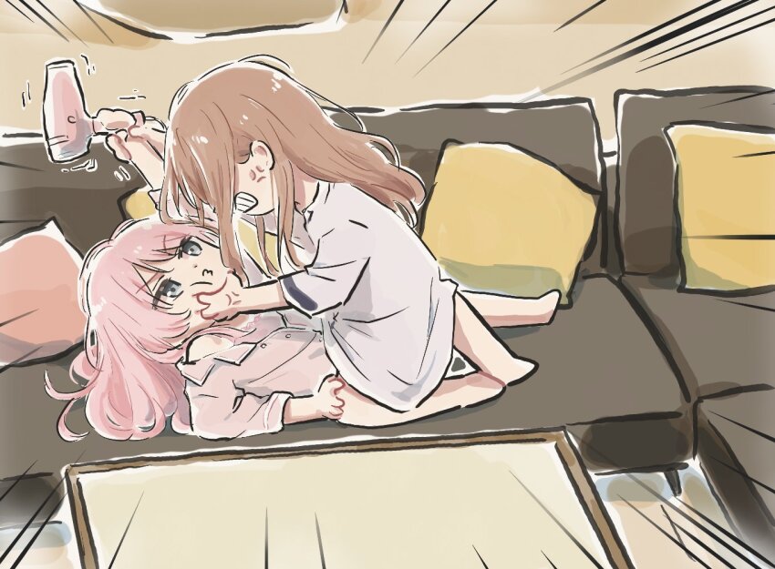 2girls anger_vein bang_dream! bang_dream!_it&#039;s_mygo!!!!! brown_hair camisole cheek_squash chihaya_anon commentary couch dress grey_eyes hair_dryer long_hair lyy multiple_girls nagasaki_soyo pajamas pillow pink_camisole pink_hair pink_shirt shirt sidelocks symbol-only_commentary trembling white_dress