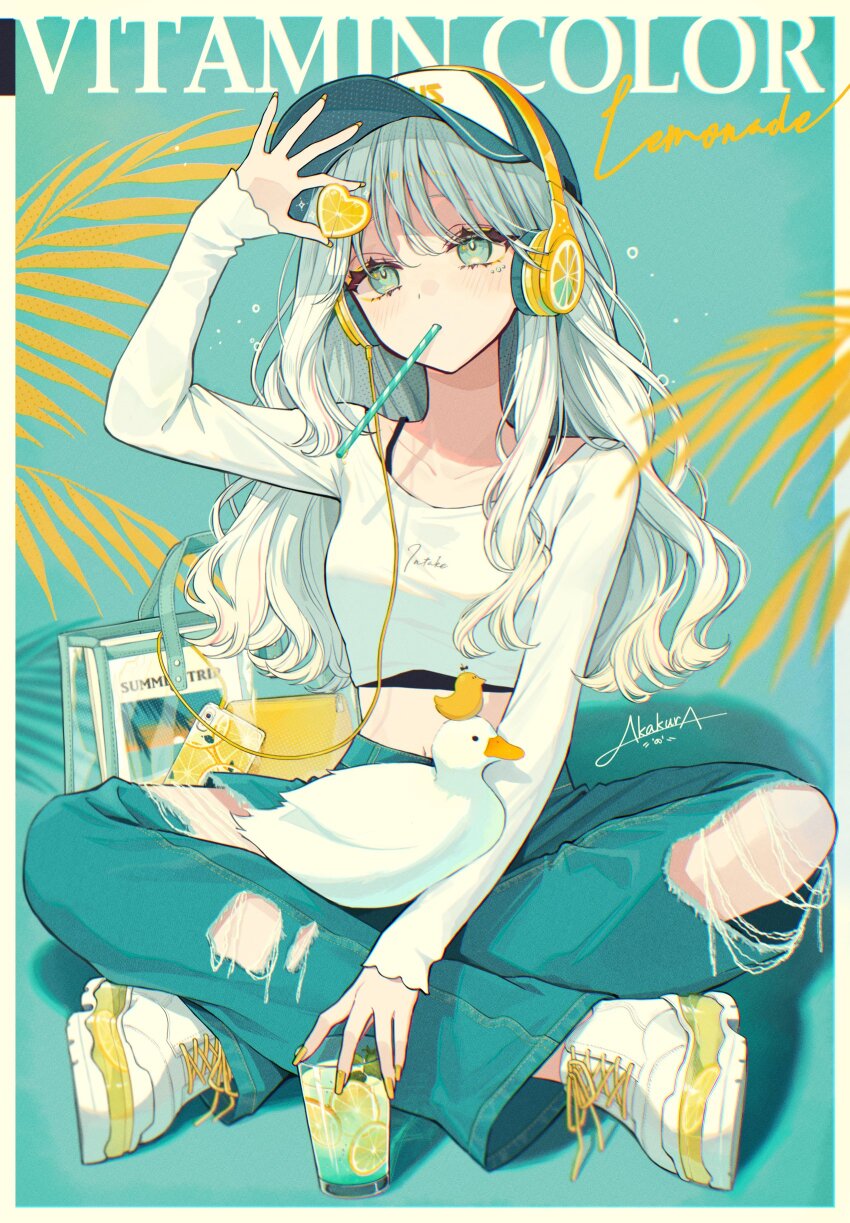 1girl absurdres akakura aqua_eyes cross-laced_footwear drinking_straw drinking_straw_in_mouth english_text food-themed_hair_ornament full_body hair_ornament hat headphones highres lemon_hair_ornament long_hair long_sleeves looking_to_the_side midriff mouth_hold multicolored_hair original pants pink_hair shirt shoes sitting solo streaked_hair torn_clothes torn_pants white_footwear white_hair white_shirt yellow_nails