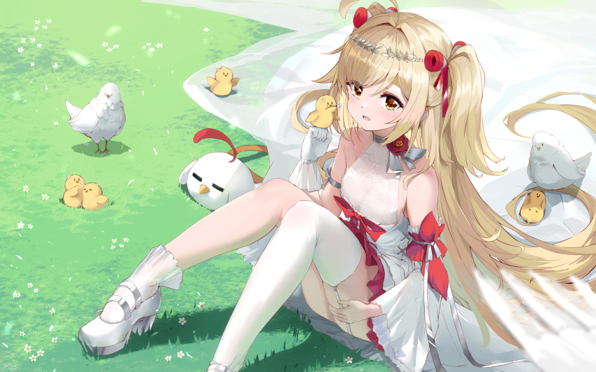 1girl :d ahoge animal animal_on_hand asahi_kuroi asymmetrical_legwear bare_shoulders bird blonde_hair breasts brown_eyes chicken choker collarbone day detached_sleeves dress flower garter_straps gloves grass hair_intakes high_heels highres knees_up long_hair long_sleeves looking_at_viewer medium_breasts multicolored_hair on_grass open_mouth original outdoors red_flower red_rose rose see-through_clothes shoes short_eyebrows single_detached_sleeve single_glove single_sock single_thighhigh sitting sleeveless sleeveless_dress smile socks solo thick_eyebrows thighhighs two-tone_hair very_long_hair white_choker white_dress white_footwear white_gloves white_sleeves white_socks white_thighhighs wide_sleeves