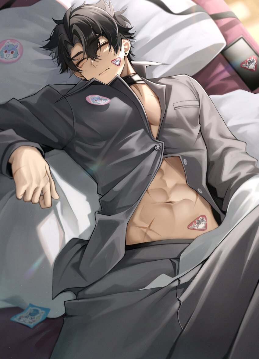 1boy absurdres bed black_hair closed_eyes earrings genshin_impact grey_hair grey_pajamas grey_pants grey_shirt hair_between_eyes highres jewelry lying male_focus midriff multicolored_hair muscular muscular_male navel pajamas pants pillow scar shirt short_hair solcha solo stomach wriothesley_(genshin_impact)