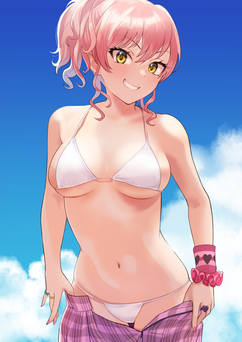 1girl bikini blue_sky cloud cowboy_shot female_focus fingernails gokome grin hair_between_eyes highres idolmaster idolmaster_cinderella_girls jewelry jougasaki_mika long_hair looking_at_viewer nail_polish navel outdoors pink_hair pink_nails pink_skirt plaid_clothes plaid_skirt pleated_skirt ponytail ring skirt sky smile solo standing swimsuit undressing white_bikini wristband yellow_eyes