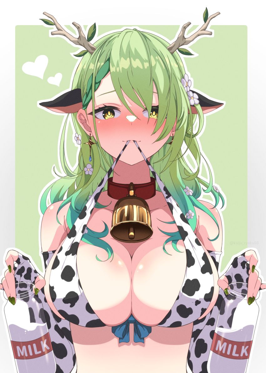 1girl absurdres alternate_costume animal_ears animal_print antlers asymmetrical_bangs bell bikini bikini_in_mouth blush braid braided_bangs breasts ceres_fauna clothes_in_mouth collar commentary cow_ears cow_print cow_print_bikini earrings elbow_gloves english_commentary fingerless_gloves flower glass_bottle gloves green_background green_hair green_nails hair_flower hair_ornament hair_over_one_eye heart highres holding holding_glass_bottle hololive hololive_english horns jewelry kaiju_ryoku large_breasts leaf long_hair looking_at_viewer milk print_bikini side_braid simple_background solo swimsuit upper_body white_background yellow_eyes