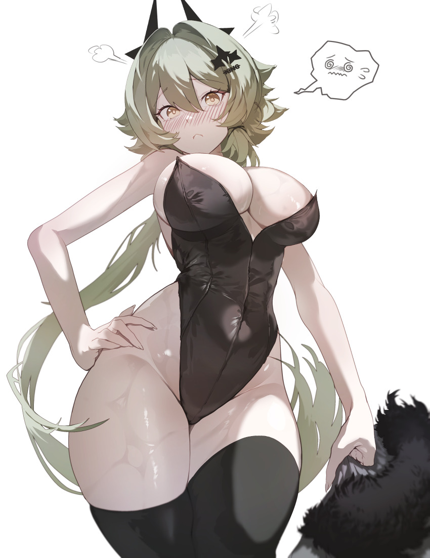 1girl absurdres alternate_costume bare_shoulders black_horns black_leotard black_thighhighs blush breasts caesar_king_(zenless_zone_zero) cleavage closed_mouth commentary covered_navel cowboy_shot frown hair_between_eyes hair_intakes hair_ornament hand_on_own_hip highleg highleg_leotard highres holding holding_jacket holding_unworn_clothes horns houh888 jacket large_breasts leotard long_hair looking_at_viewer simple_background solo strapless strapless_leotard thighhighs very_long_hair white_background yellow_eyes zenless_zone_zero