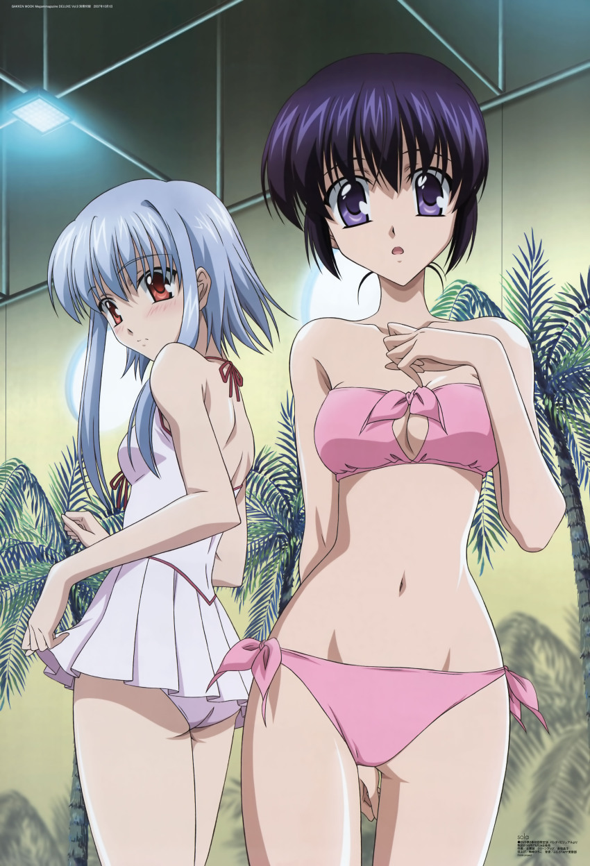 00s 2girls absurdres ass bikini blue_hair breasts cleavage highres koga_makoto megami_magazine morimiya_aono multiple_girls purple_eyes purple_hair red_eyes scan shihou_matsuri side-tie_bikini_bottom silver_hair small_breasts sola swimsuit