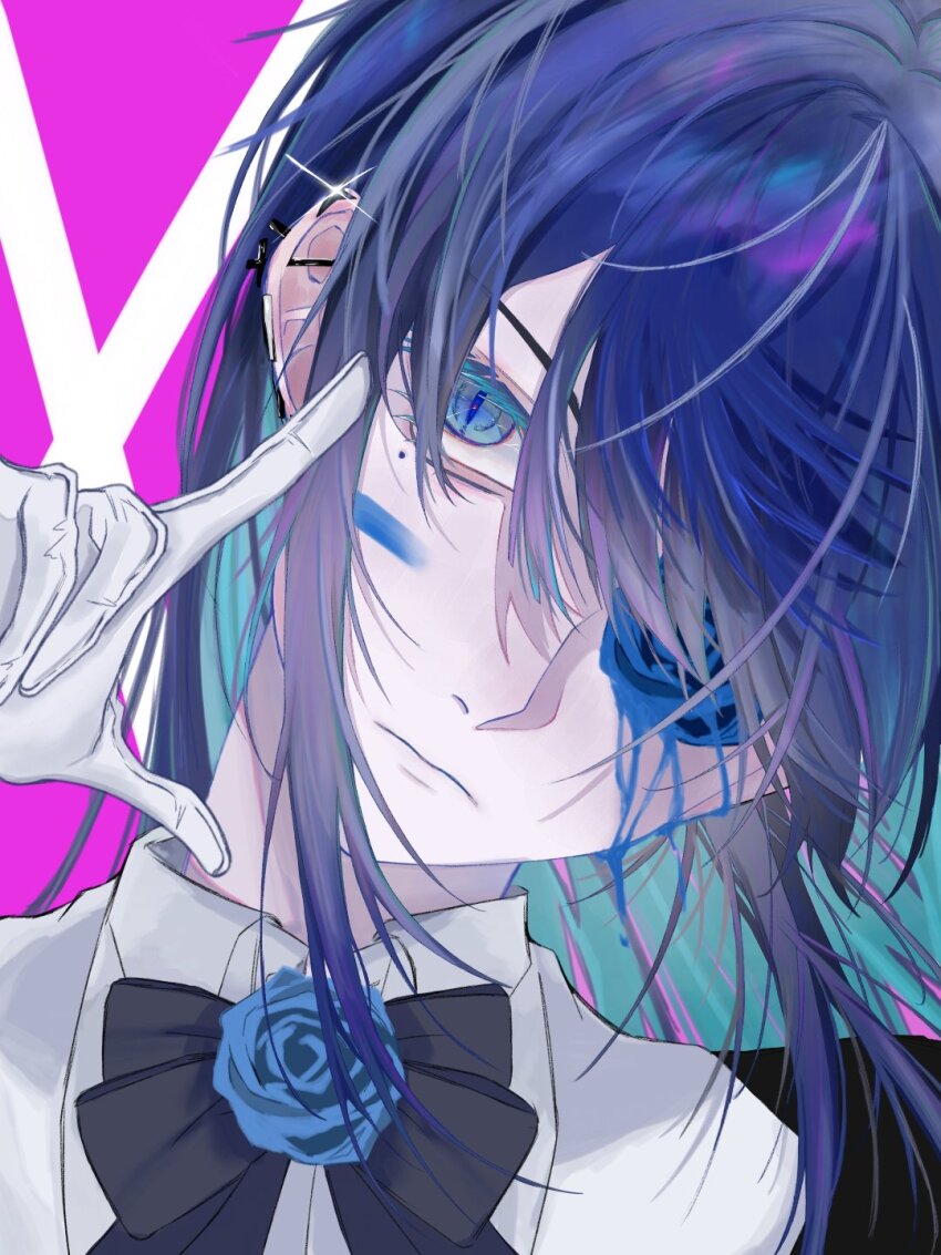 1girl ado_(utaite) barbell_piercing black_bow black_bowtie blue_eyes blue_flower blue_hair blue_rose bow bowtie carlos_jpg chando_(ado) closed_mouth collared_shirt colored_inner_hair commentary ear_piercing earclip earrings flower flower_brooch flower_over_eye glint gloves hand_up highres industrial_piercing jewelry long_hair multicolored_hair piercing revision rose shirt solo upper_body utaite variant_set white_gloves white_shirt