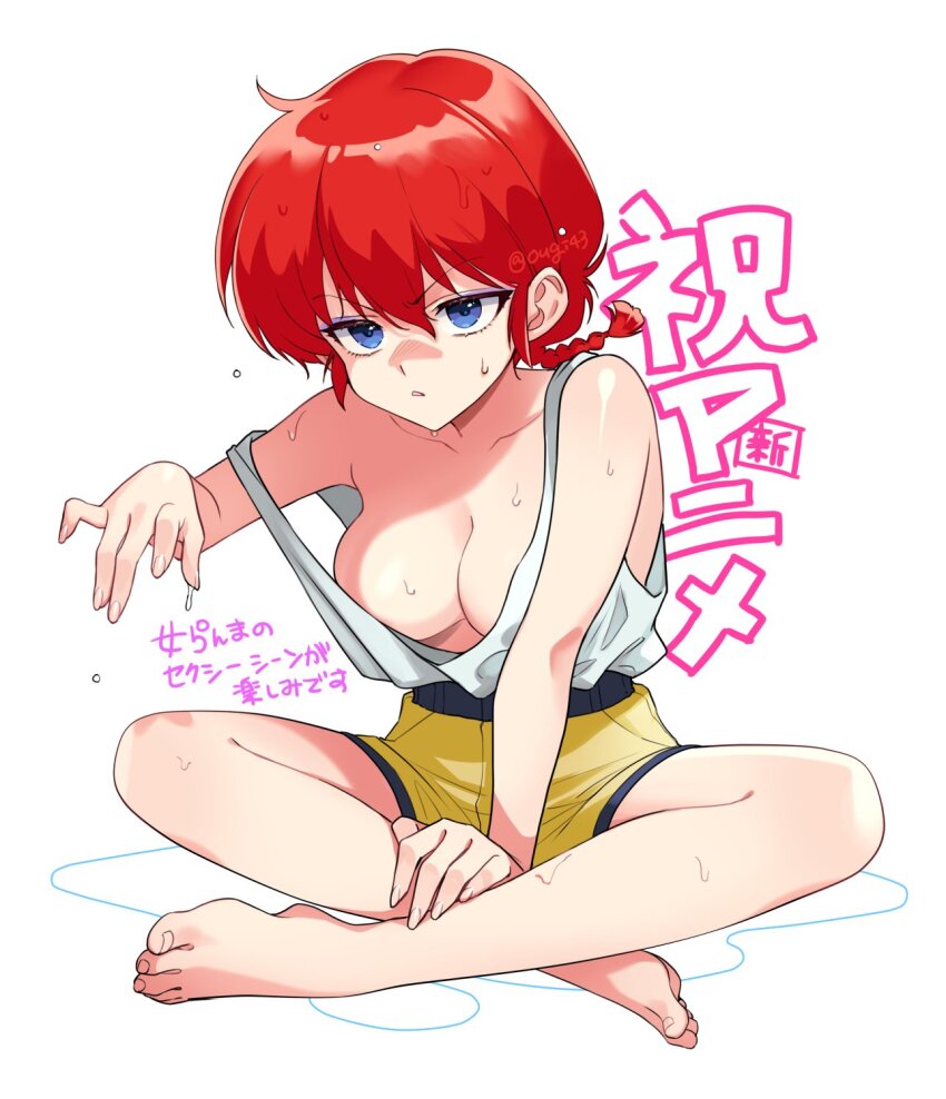 1girl bare_arms bare_shoulders barefoot blue_eyes braid braided_ponytail breasts chimachi collarbone grey_shirt highres large_breasts looking_at_viewer open_mouth ranma-chan ranma_1/2 red_hair shirt shorts single_braid solo sweat translation_request white_background