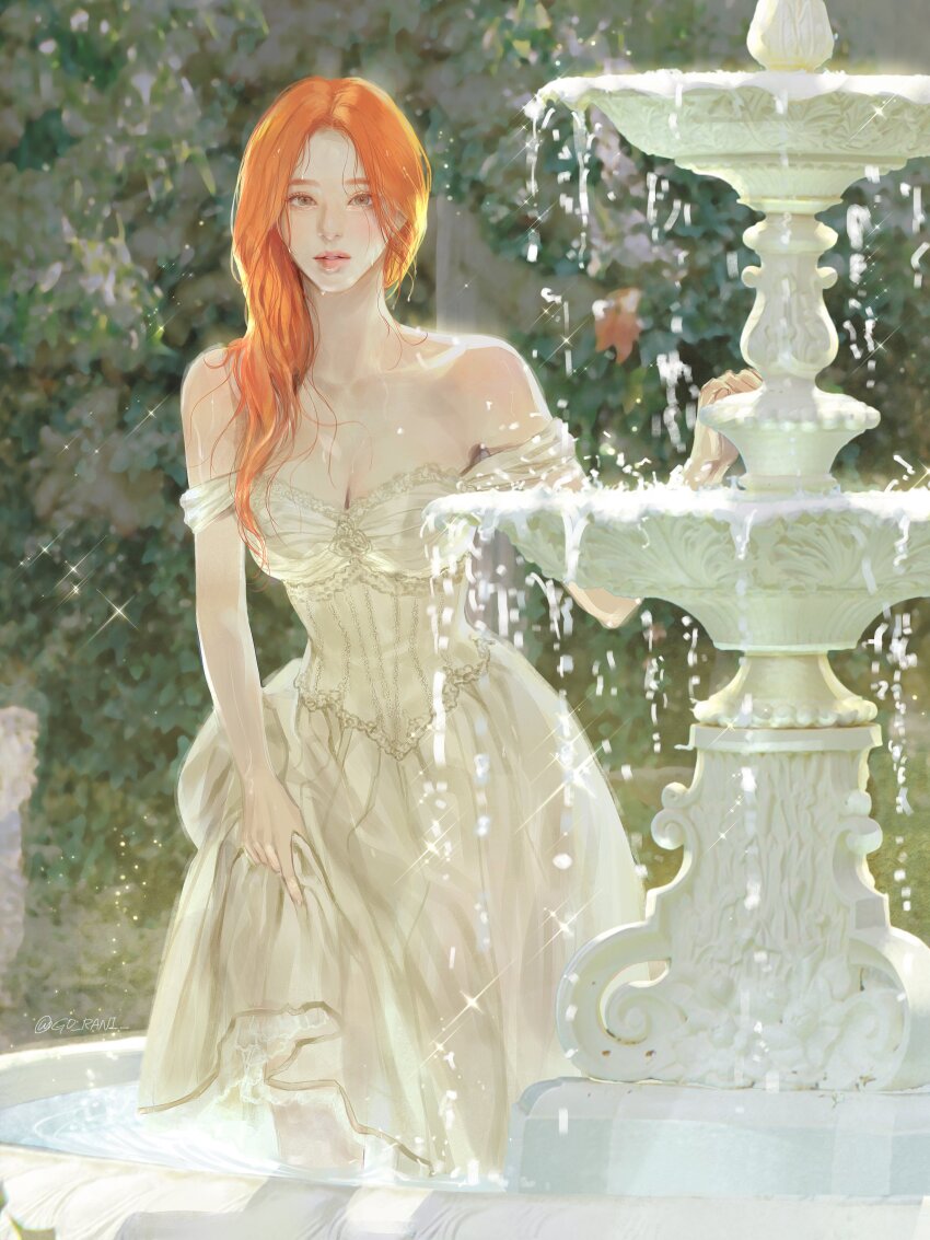 1girl absurdres bare_shoulders breasts dress fountain g0_rani hair_over_shoulder highres in_water long_dress long_hair looking_at_viewer off-shoulder_dress off_shoulder orange_hair original parted_lips plant skirt_hold solo vines wading wet white_dress