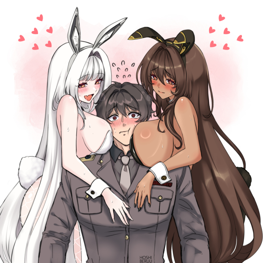 1boy 2girls 777_(nikke) animal_ear_headwear animal_ears ascot backless_leotard bare_shoulders black_ascot black_bow black_bowtie black_leotard blanc_(nikke) blush bow bowtie breast_press breast_smother breasts brown_hair commander_(nikke) dark-skinned_female dark_skin detached_collar face_to_breasts fake_animal_ears fake_tail fishnet_pantyhose fishnets girl_sandwich goddess_of_victory:_nikke hetero highleg highleg_leotard hoshiberuu huge_breasts large_breasts leotard long_hair looking_at_viewer military_uniform multiple_girls noir_(nikke) open_mouth pantyhose playboy_bunny rabbit_ears rabbit_tail sandwiched siblings sisters smile strapless strapless_leotard tail twins upper_body very_long_hair white_hair white_leotard wrist_cuffs yellow_eyes