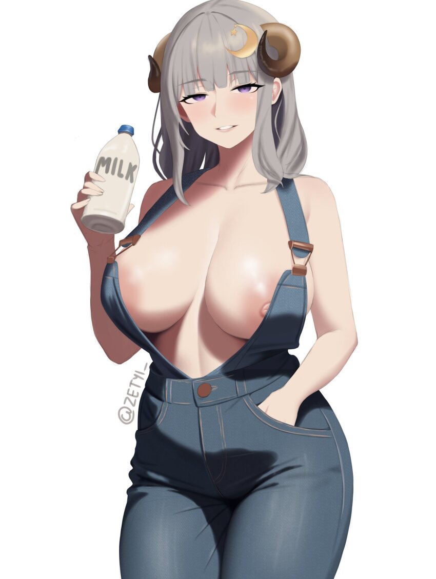 1girl aged_up areola_slip artist_name aurora_atria blue_overalls blush bottle breasts brown_horns collarbone cowboy_shot curled_horns eyebrows eyelashes female_focus green_hair grin half-closed_eyes hand_in_pocket hand_up highres holding holding_bottle horns indie_virtual_youtuber large_areolae large_breasts lefolk long_hair looking_at_viewer mature_female milk_bottle naked_overalls naughty_face nipple_slip nipples overalls purple_eyes sheep_girl sheep_horns simple_background smile smug solo standing teeth thighs virtual_youtuber white_background wide_hips zetyi