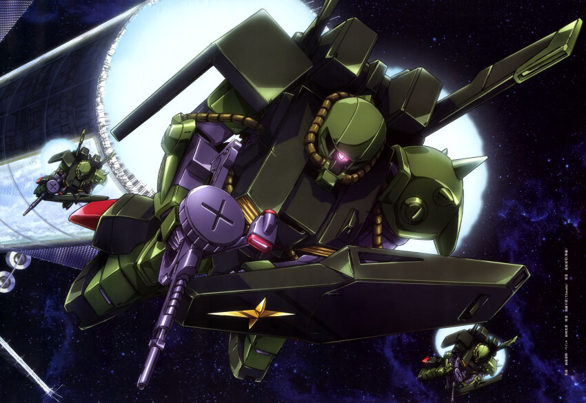 absurdres gun gundam highres hizack maeda_seimei no_humans official_art shield space space_habitat weapon zeta_gundam