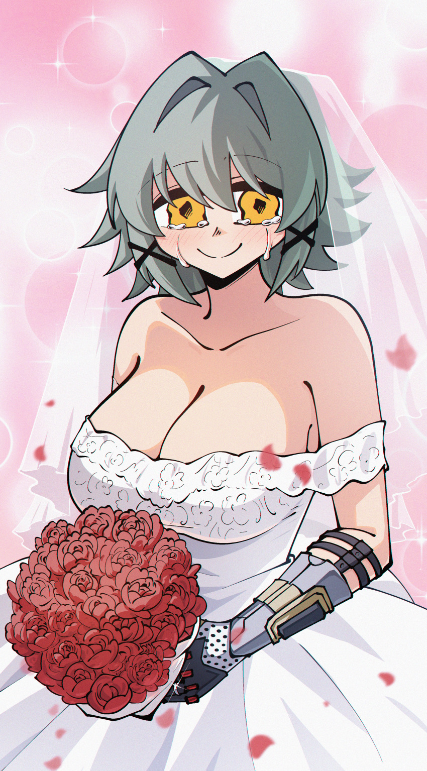 1girl absurdres bouquet bridal_veil bride caesar_king_(zenless_zone_zero) crying dress dryegen flower green_hair hair_intakes happy_tears highres holding holding_bouquet jewelry ornate_ring prosthesis prosthetic_arm ring solo tears veil wedding wedding_dress wedding_ring white_dress zenless_zone_zero