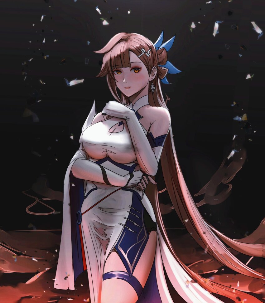 1girl bare_shoulders black_background breasts brown_eyes brown_hair chinese_clothes cleavage_cutout closed_mouth clothing_cutout cowboy_shot dress gloves hair_ornament highres honkai_(series) honkai_impact_3rd large_breasts li_sushang li_sushang_(jade_knight) notgustiarp smile solo white_dress white_gloves