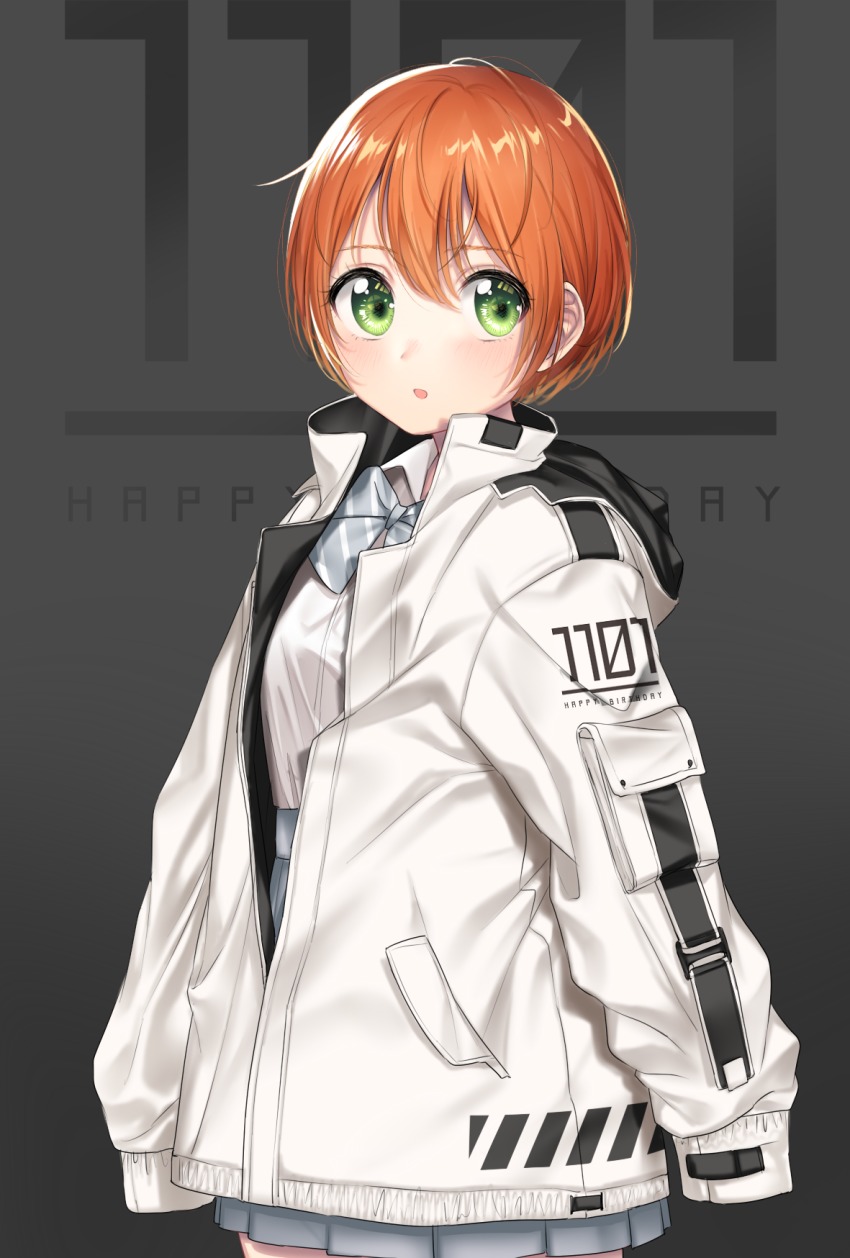 10s 1girl bow breasts commentary_request diagonal_stripes female_focus green_eyes grey_background grey_bow grey_skirt hair_between_eyes happy_birthday high-waist_skirt highres hoshizora_rin jacket long_sleeves looking_at_viewer love_live! love_live!_school_idol_project orange_hair parted_lips pleated_skirt puffy_long_sleeves puffy_sleeves shirt short_hair skirt sleeves_past_fingers sleeves_past_wrists small_breasts solo standing striped_bow umeno white_jacket white_shirt