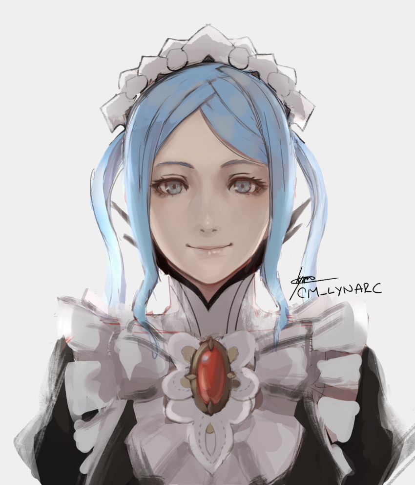 1girl artist_name blue_eyes blue_hair closed_mouth cm_lynarc eyelashes fire_emblem fire_emblem_fates flora_(fire_emblem) gem highres long_hair looking_at_viewer maid nintendo red_gemstone smile solo straight-on twitter_username upper_body