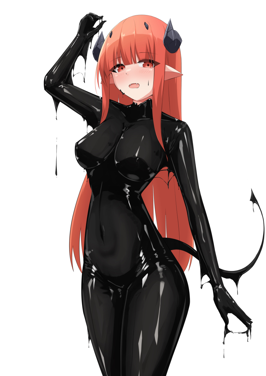 1girl absurdres arm_up black_bodysuit blush bodysuit breasts covered_erect_nipples covered_navel dragon_girl fangs highres hiuyec horns large_breasts latex latex_bodysuit long_hair looking_at_viewer open_mouth orange_hair original pointy_ears red_eyes simple_background skin_tight slime_(substance) solo tail