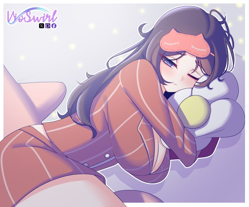 1girl absurdres artist_name black_hair blue_eyes blush breasts cleavage closed_mouth commentary highres hugging_object large_breasts looking_at_viewer mask mask_on_head midriff miside mita_(miside) one_eye_closed pajamas pillow pillow_hug red_pajamas red_shirt red_shorts shirt shorts sleep_mask sleepy_mita_(miside) solo thighs vioswirl