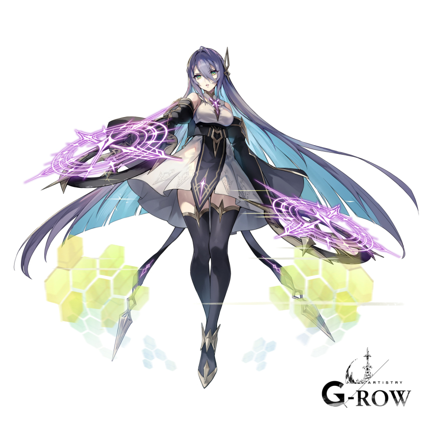 1girl aqua_hair black_boots boots colored_inner_hair commentary_request full_body green_eyes grey_hair hair_between_eyes hair_ornament highres long_hair looking_at_viewer magic_circle multicolored_hair official_art parted_lips purple_hair riza_(ta_ga_tame_no_alchemist) second-party_source simple_background skirt solo standing suzumura_(gumi) ta_ga_tame_no_alchemist thigh_boots very_long_hair white_background white_skirt