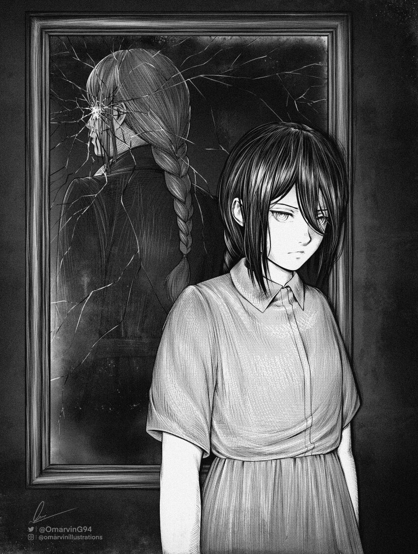 2girls absurdres artist_name back-to-back black_jacket braid braided_ponytail broken_mirror chainsaw_man dress greyscale highres instagram_logo instagram_username jacket makima_(chainsaw_man) marvin_(omarvin) mirror monochrome multiple_girls nayuta_(chainsaw_man) ringed_eyes short_sleeves signature twitter_logo twitter_username watermark web_address