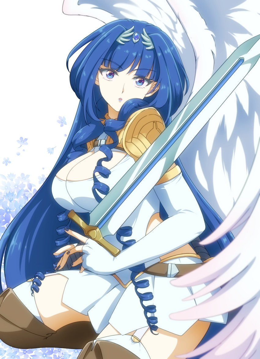 1girl absurdres armor belt blue_eyes blue_gemstone blue_hair blue_nails boots breasts brown_belt brown_footwear cleavage cleavage_cutout clothing_cutout elbow_gloves feathered_wings feathers fingerless_gloves gem gloves gold_trim highres holding holding_sword holding_weapon knee_up large_breasts lavia_whitewings leotard long_hair looking_at_viewer minami_maki original pleated_skirt pointy_ears shoulder_armor shoulder_pads side_cutout sidelocks skirt solo suspenders sword thighhighs tiara very_long_hair weapon white_feathers wings