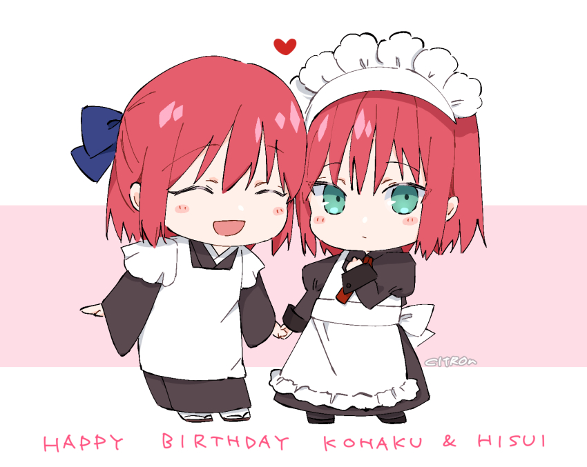 2girls apron artist_name blue_eyes blush character_name chibi chibi_only citron80citron closed_mouth commentary_request full_body happy_birthday heart highres hisui_(tsukihime) holding_hands juliet_sleeves kohaku_(tsukihime) long_sleeves maid maid_apron maid_headdress multiple_girls puffy_sleeves red_hair sandals short_hair siblings sidelocks sisters tsukihime tsukihime_(remake) twintails wa_maid