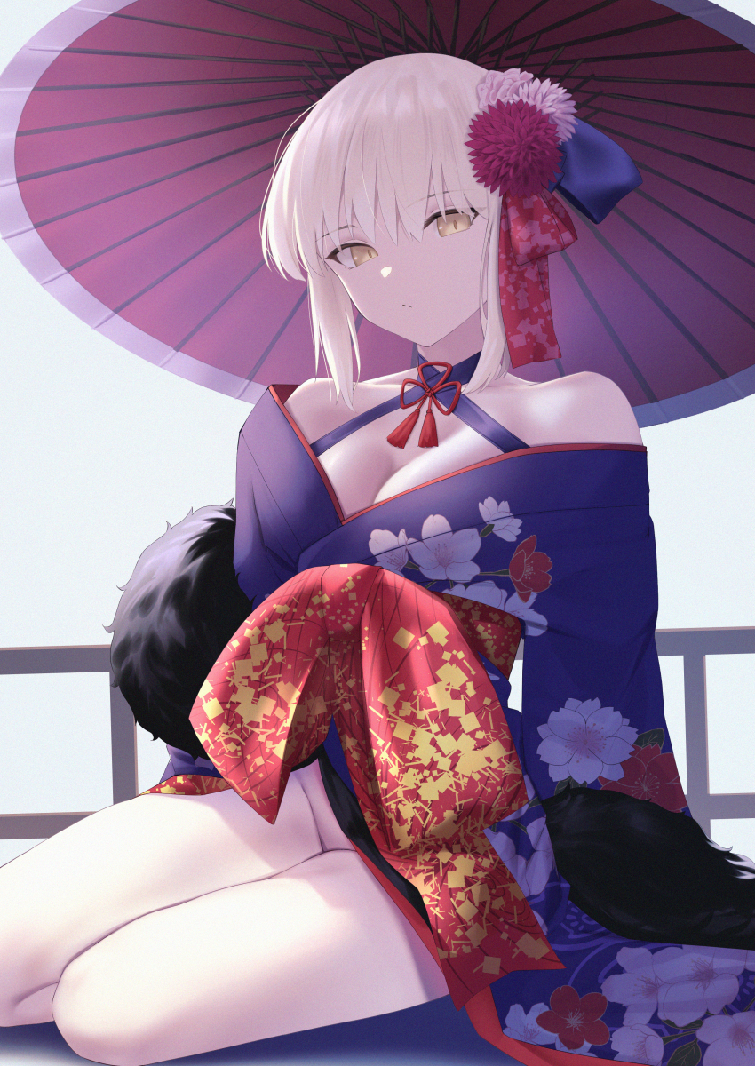 1girl absurdres artoria_pendragon_(fate) bare_shoulders blonde_hair breasts cleavage fate/grand_order fate_(series) flower hair_flower hair_ornament hair_ribbon highres japanese_clothes kimono long_sleeves looking_at_viewer medium_breasts medium_hair no_panties off_shoulder oil-paper_umbrella okuma707 purple_kimono ribbon saber_alter sash sidelocks solo thighs umbrella yellow_eyes