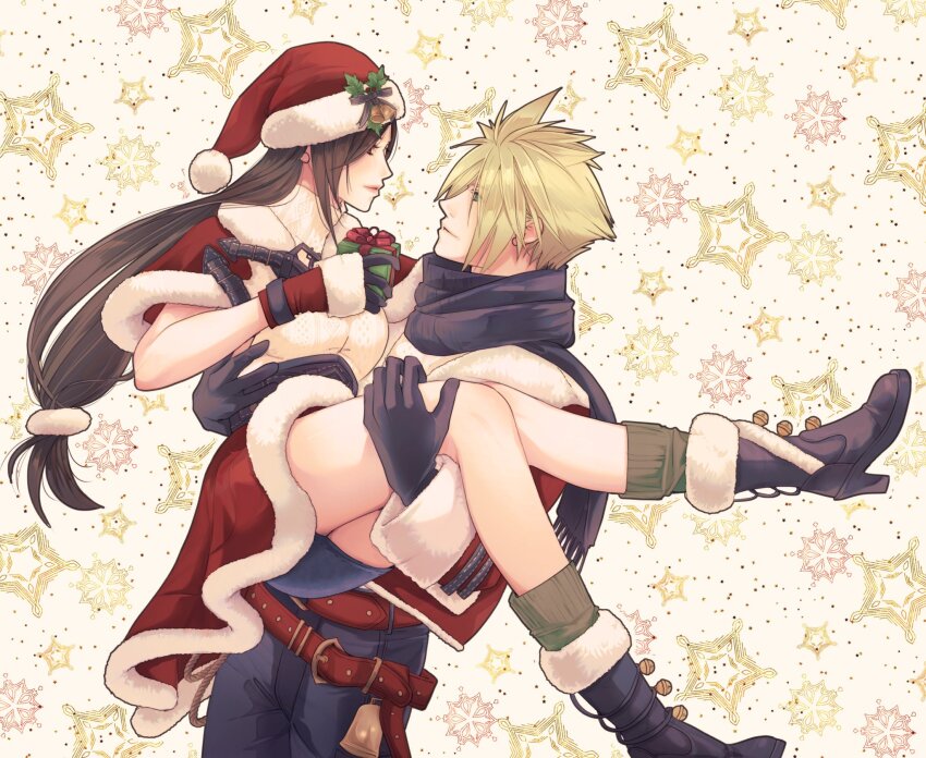 1boy 1girl belt black_gloves black_hair black_scarf blonde_hair blue_eyes blue_pants blue_skirt boots box breasts capelet carrying christmas christmas_present closed_mouth cloud_strife cloud_strife_(holiday_outfit) couple cowboy_shot eye_contact final_fantasy final_fantasy_vii final_fantasy_vii_ever_crisis from_side fur-trimmed_boots fur-trimmed_capelet fur-trimmed_gloves fur-trimmed_headwear fur-trimmed_jacket fur-trimmed_skirt fur_trim gift gift_box gloves green_socks hair_ornament hat hat_ornament high_heel_boots high_heels highres holding holding_gift holly_hat_ornament jacket large_breasts legs long_hair looking_at_another low-tied_long_hair miniskirt mixed-language_commentary mixmomo_yah official_alternate_costume pants pom_pom_(clothes) pom_pom_hair_ornament princess_carry profile red_capelet red_eyes red_hat red_jacket red_skirt santa_costume santa_hat scarf short_hair skirt sleeveless sleeveless_turtleneck snowflakes socks spiked_hair star_(symbol) sweater tifa_lockhart tifa_lockhart_(fairy_of_the_holy_flame) turtleneck turtleneck_sweater white_sweater