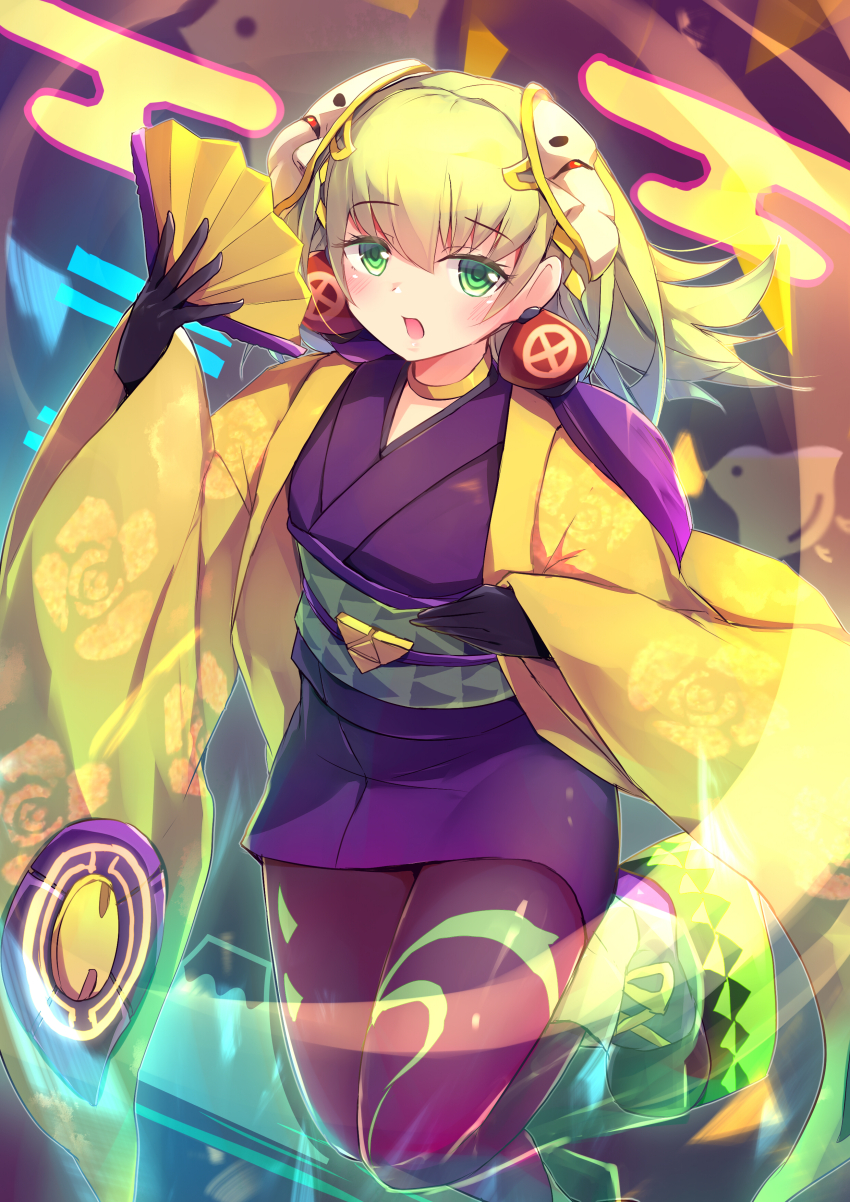 1girl absurdres duel_monster green_eyes green_hair hand_fan highres holding holding_fan japanese_clothes kanzakietc kimono looking_at_viewer medium_hair noh-p.u.n.k._ze_amin pantyhose purple_kimono short_kimono solo standing yu-gi-oh!