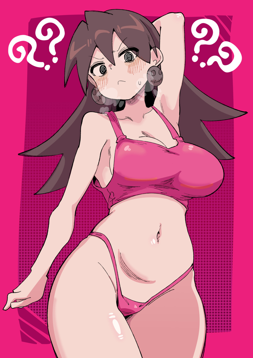 1girl ? ?? @_@ arm_behind_head bare_shoulders breasts brown_hair buzzlyears collarbone earrings female_focus highres jewelry large_breasts light_blush long_hair looking_at_viewer mega_man_(series) mega_man_legends_(series) shiny_skin thighs tron_bonne_(mega_man)