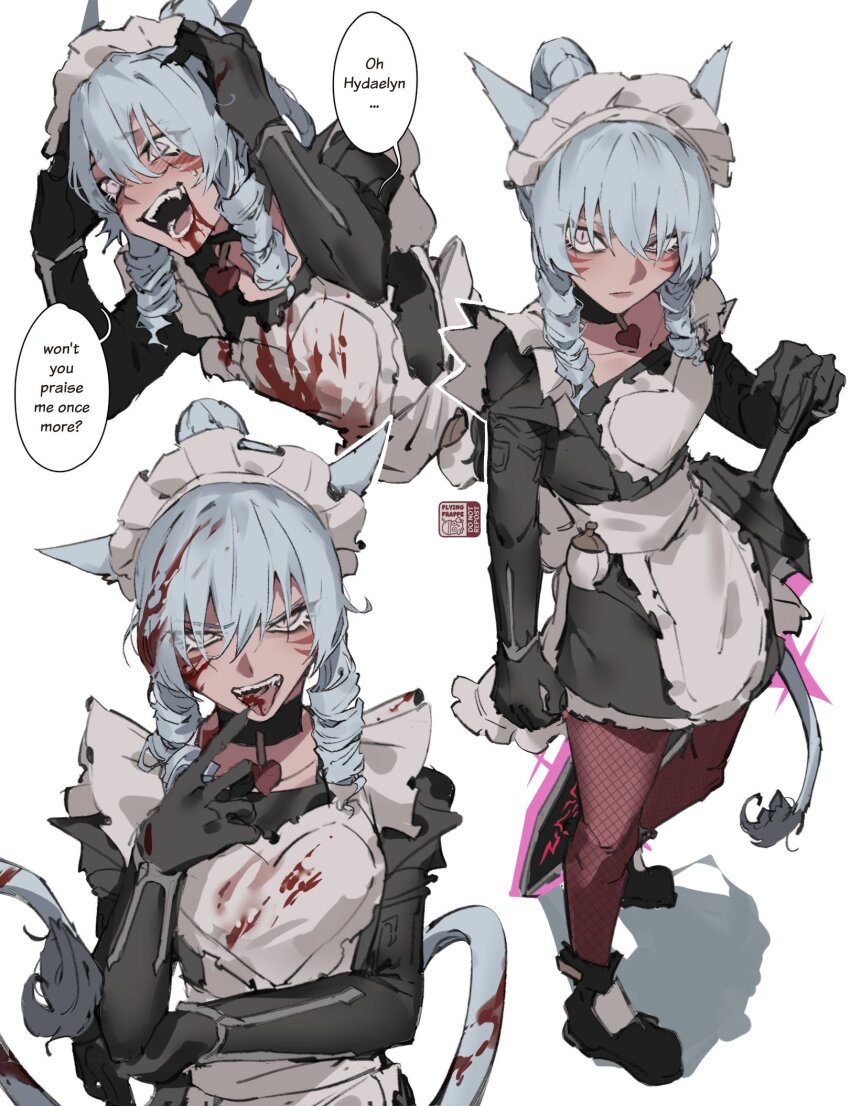 1girl animal_ears apron black_choker black_dress black_gloves blood blood_in_hair blood_in_mouth blood_on_face blue_hair blush cat_ears cat_girl cat_tail choker closed_mouth commentary dark_knight_(final_fantasy) dress drill_hair elbow_gloves english_commentary english_text facial_mark fangs final_fantasy final_fantasy_xiv flying-frappuccino gloves heart heart_choker highres holding holding_sword holding_weapon long_hair looking_at_viewer maid_apron maid_headdress miqo&#039;te multiple_views open_mouth pantyhose ponytail purple_eyes red_pantyhose shadow simple_background slit_pupils speech_bubble standing sweat sword tail tongue tongue_out twin_drills warrior_of_light_(ff14) weapon whisker_markings white_apron white_background