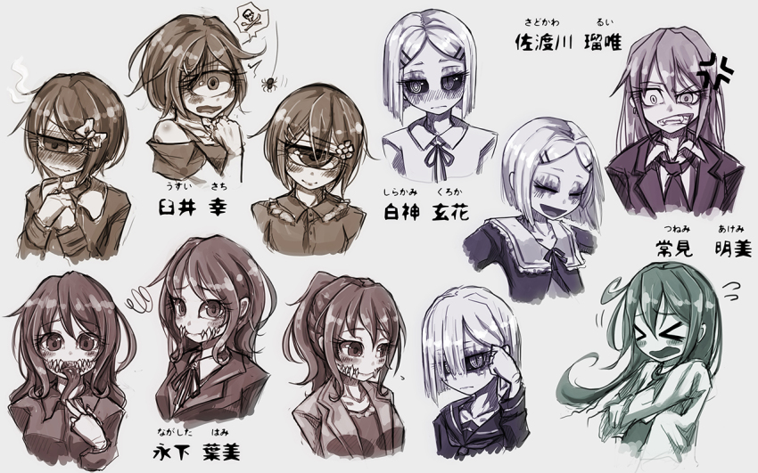 &gt;_&lt; 5girls anger_vein black_sclera blush bow bug character_name closed_eyes colored_sclera cyclops multiple_expressions flower hair_bow hair_flower hair_ornament hairclip hitomebore licking licking_finger long_tongue looking_at_viewer monster_girl multiple_girls multiple_monochrome multiple_views nagashita_hami one-eyed original parted_bangs ponytail ray-k sadokawa_rui scared sharp_teeth shirakami_kuroka shirokami_kuroko slit_pupils smile spider teeth tongue tongue_out tsunemi_akemi uneven_eyes usui_sachi