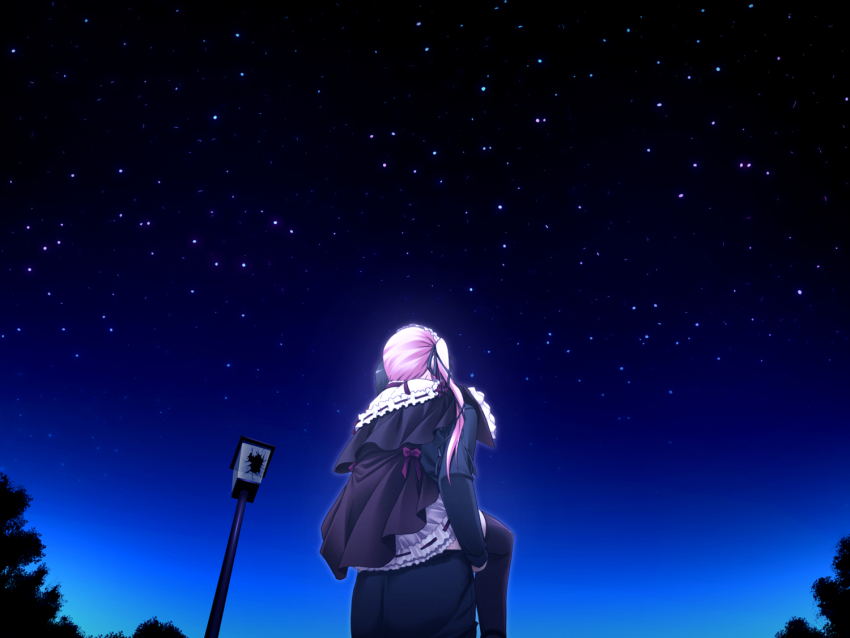 1boy 1girl alice_(bloody_rondo) black_thighhighs bloody_rondo carrying carrying_person game_cg gothic_lolita lamppost lolita_fashion night night_sky official_art outdoors piggyback pink_hair sky solo star_(sky) thighhighs third-party_source tree