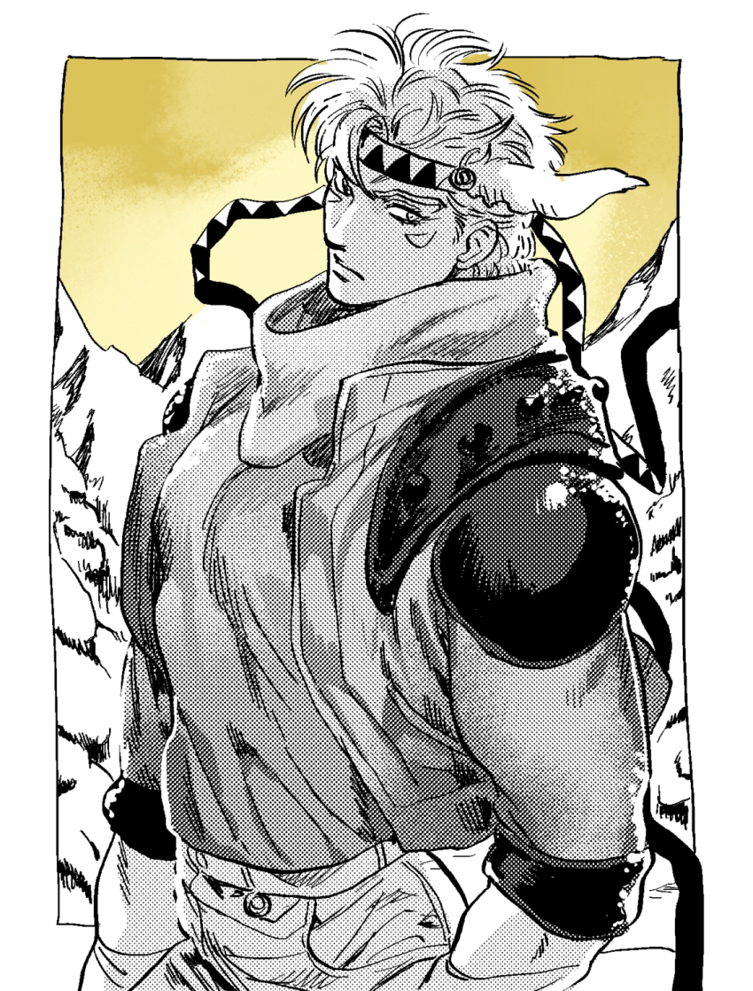 1boy battle_tendency blonde_hair caesar_anthonio_zeppeli facial_mark headband headband_feathers highres jacket jojo_no_kimyou_na_bouken male_focus monochrome mountain nitako scarf short_hair snow solo spot_color winged_hair_ornament