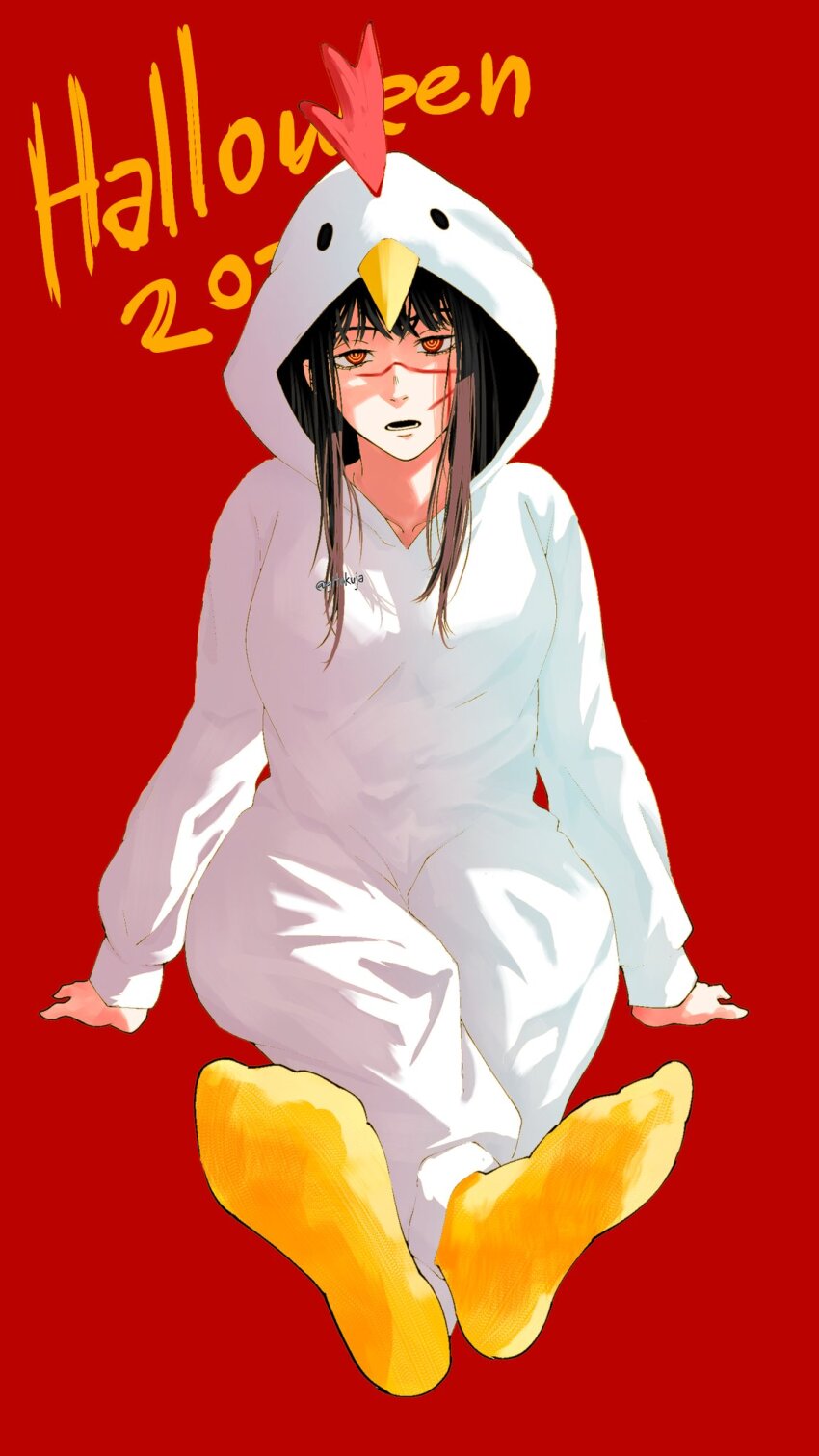 1girl 2023 black_hair breasts chainsaw_man chicken_costume chicken_hood commentary cross_scar crossed_legs facial_scar full_body gitokuja halloween highres medium_breasts onesie open_mouth orange_eyes red_background scar scar_on_cheek scar_on_face scar_on_nose signature sitting socks solo symbol-only_commentary twitter_username yellow_socks yoru_(chainsaw_man)