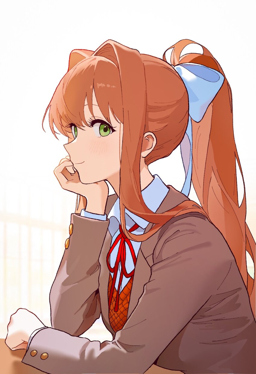 1girl bow brown_hair brown_jacket closed_mouth commentary doki_doki_literature_club green_eyes hair_bow hand_on_own_chin head_rest highres jacket long_hair long_sleeves looking_at_viewer monika_(doki_doki_literature_club) neck_ribbon orange_vest ponytail red_ribbon ribbon school_uniform shirt sideways_glance smile solo symbol-only_commentary table vest white_background white_bow white_ribbon white_shirt yuna_4568