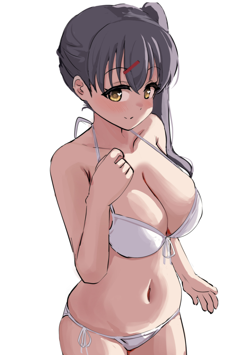 1girl akamine_ten bikini black_hair blush breasts cleavage closed_mouth collarbone cowboy_shot crossed_bangs front-tie_bikini_top front-tie_top hair_between_eyes hair_ornament hairclip halterneck heart heart_in_eye highres large_breasts long_hair looking_at_viewer love_live! love_live!_nijigasaki_high_school_idol_club love_live!_nijigasaki_high_school_idol_club_the_movie_-_finale navel pisagi side-tie_bikini_bottom side_ponytail smile solo split_mouth stomach string_bikini swimsuit symbol_in_eye white_bikini yellow_eyes